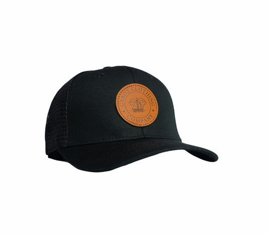 Black Leather Patch Trucker Hat