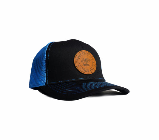 Black/Blue Leather Patch Trucker Hat